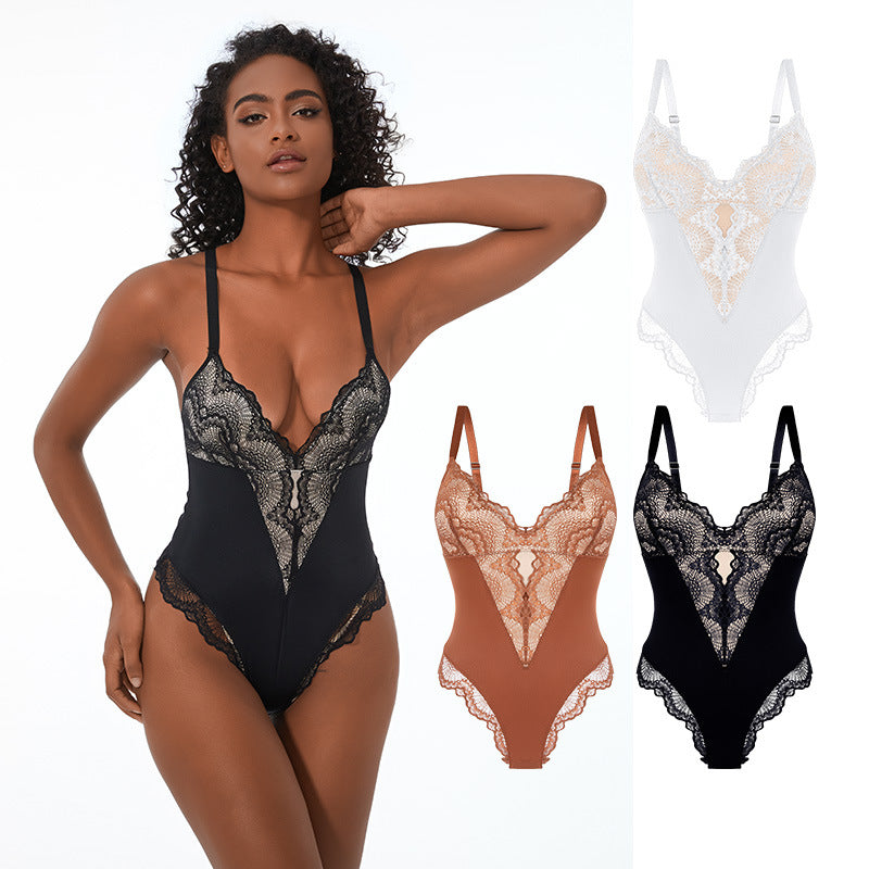 Sexy Kant Bodysuit Dames – Corrigerend Ondergoed met V-Hals en Shaping Effect