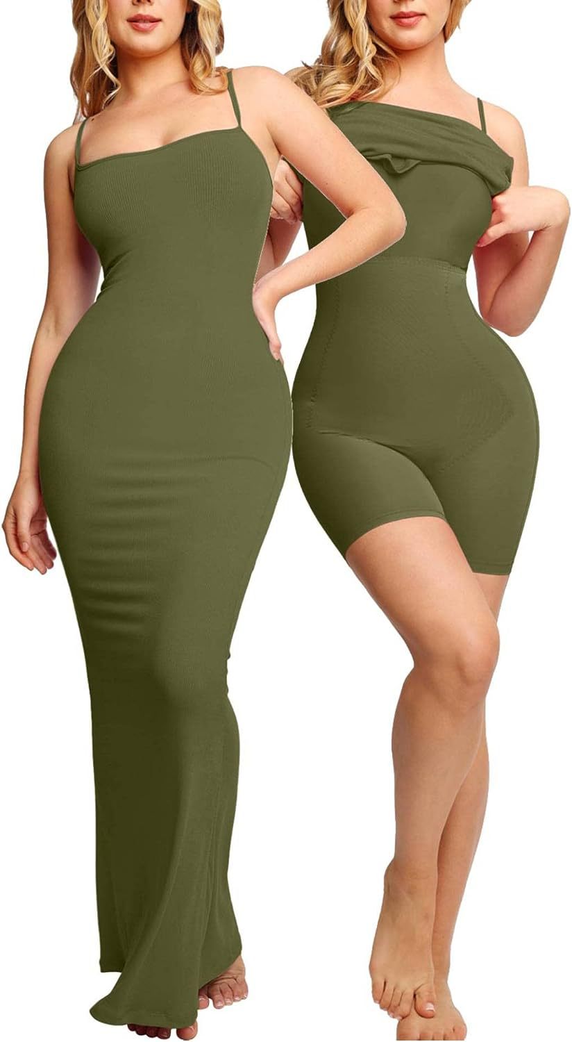 Shaping Jurk met Geïntegreerde Bodysuit – Corrigerende Maxi Dress met Dunne Bandjes