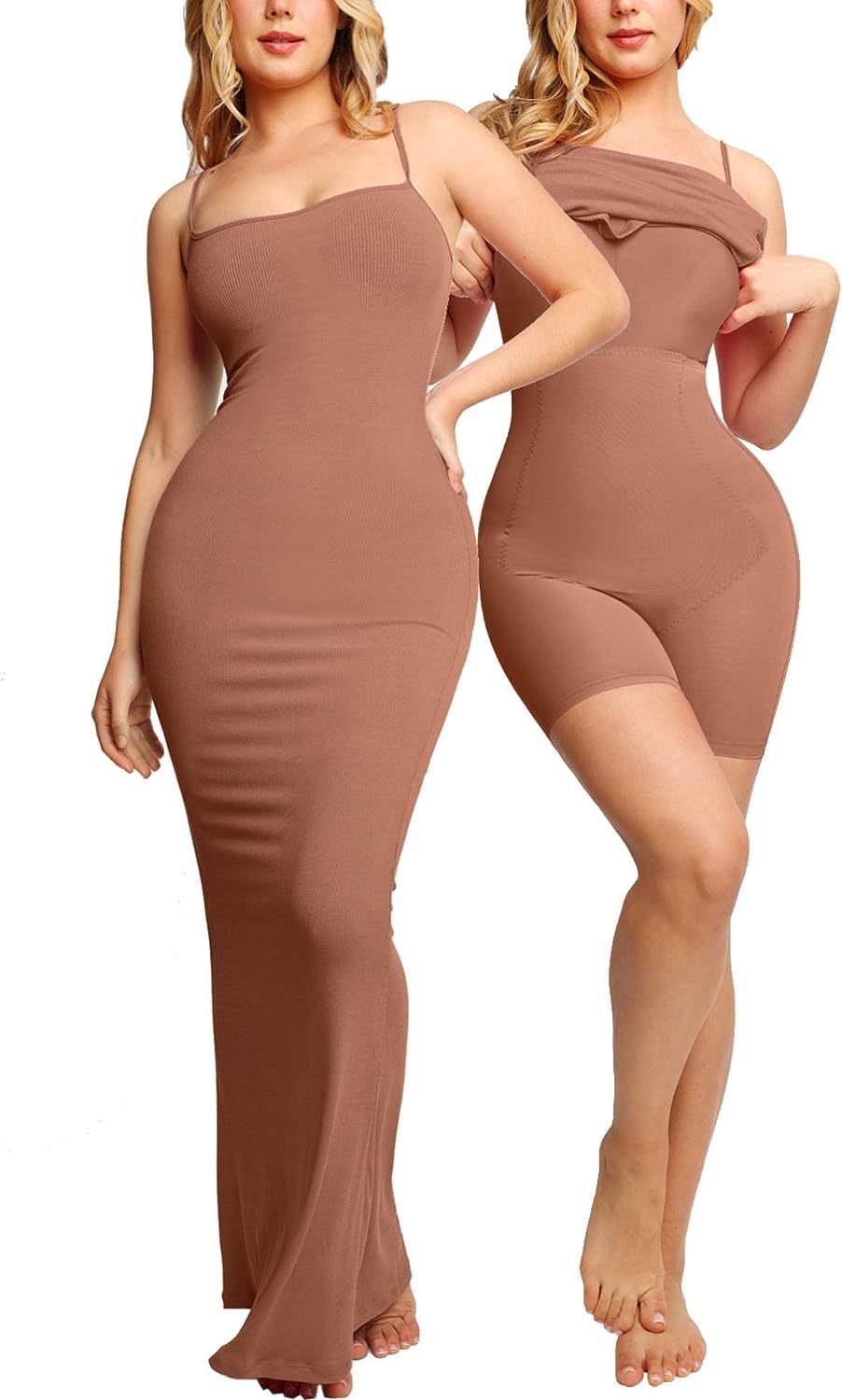 Shaping Jurk met Geïntegreerde Bodysuit – Corrigerende Maxi Dress met Dunne Bandjes