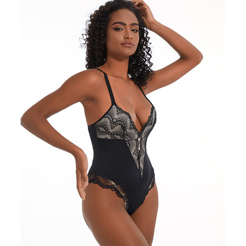 Sexy Kant Bodysuit Dames – Corrigerend Ondergoed met V-Hals en Shaping Effect