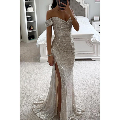 Solenya | Off-Shoulder Avondjurk met Pailletten en Split