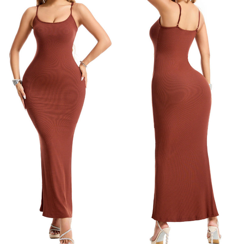 Shaping Jurk met Geïntegreerde Bodysuit – Corrigerende Maxi Dress met Dunne Bandjes