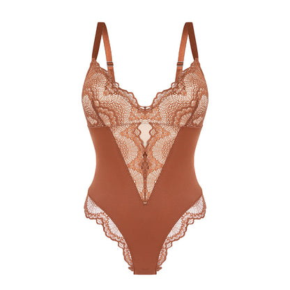 Sexy Kant Bodysuit Dames – Corrigerend Ondergoed met V-Hals en Shaping Effect