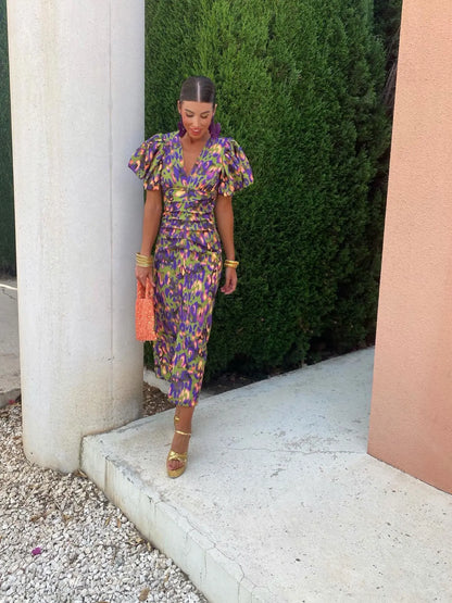 AMERIE | Jurk met Geplooide Mouwen en Levendige Print