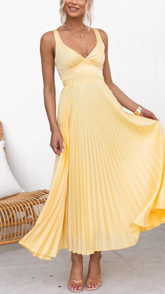 Mandy | Elegante Gele Plissé V-Hals Maxi Jurk