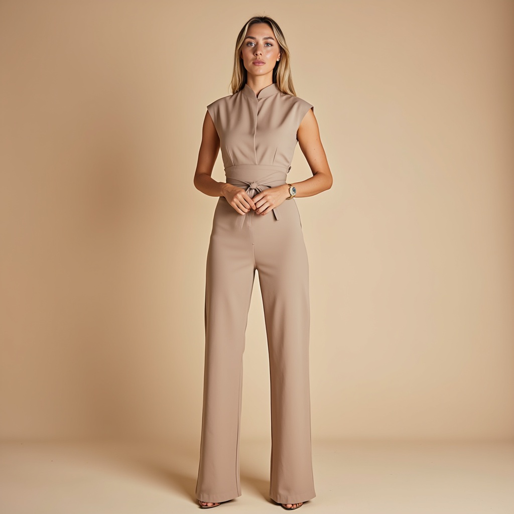 OLIVIANA | Mouwloze Jumpsuit met Hoge Kraag en Ceintuur
