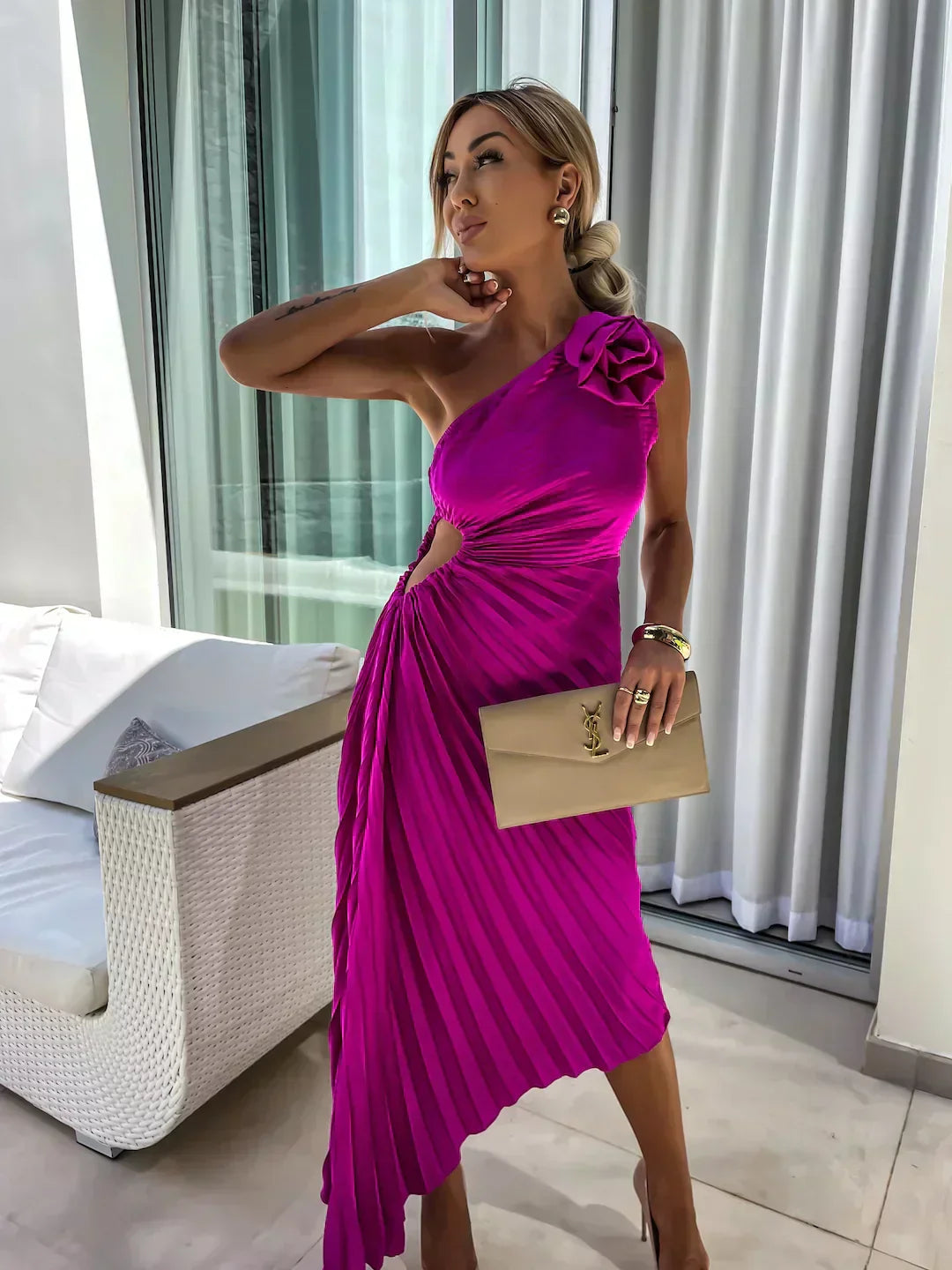 Mandy | Elegante Schouder Plissé Jurk