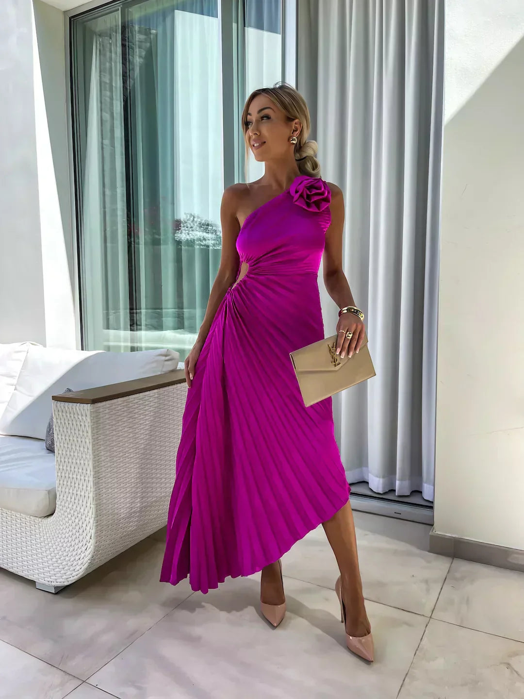 Mandy | Elegante Schouder Plissé Jurk