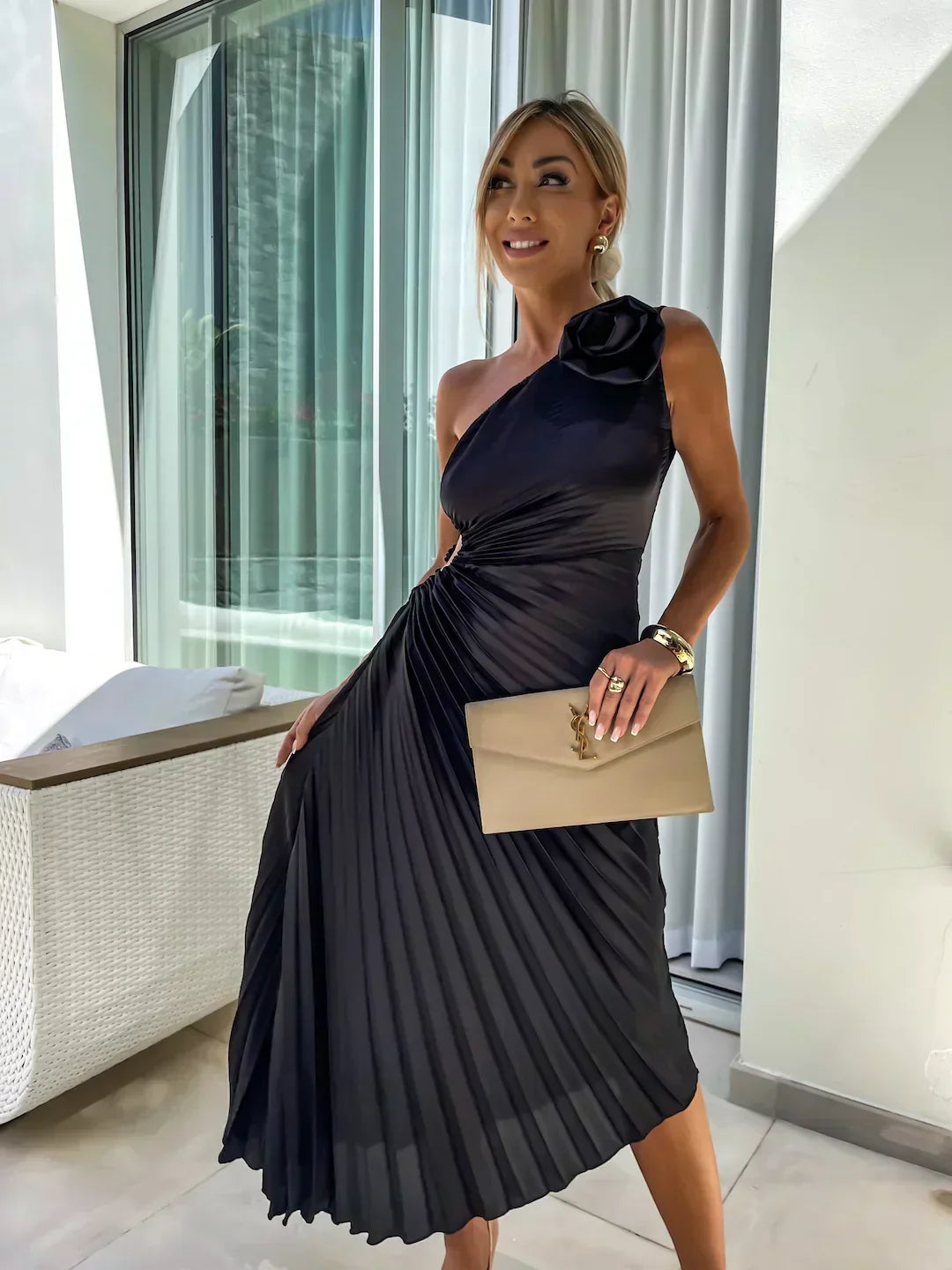 Mandy | Elegante Schouder Plissé Jurk
