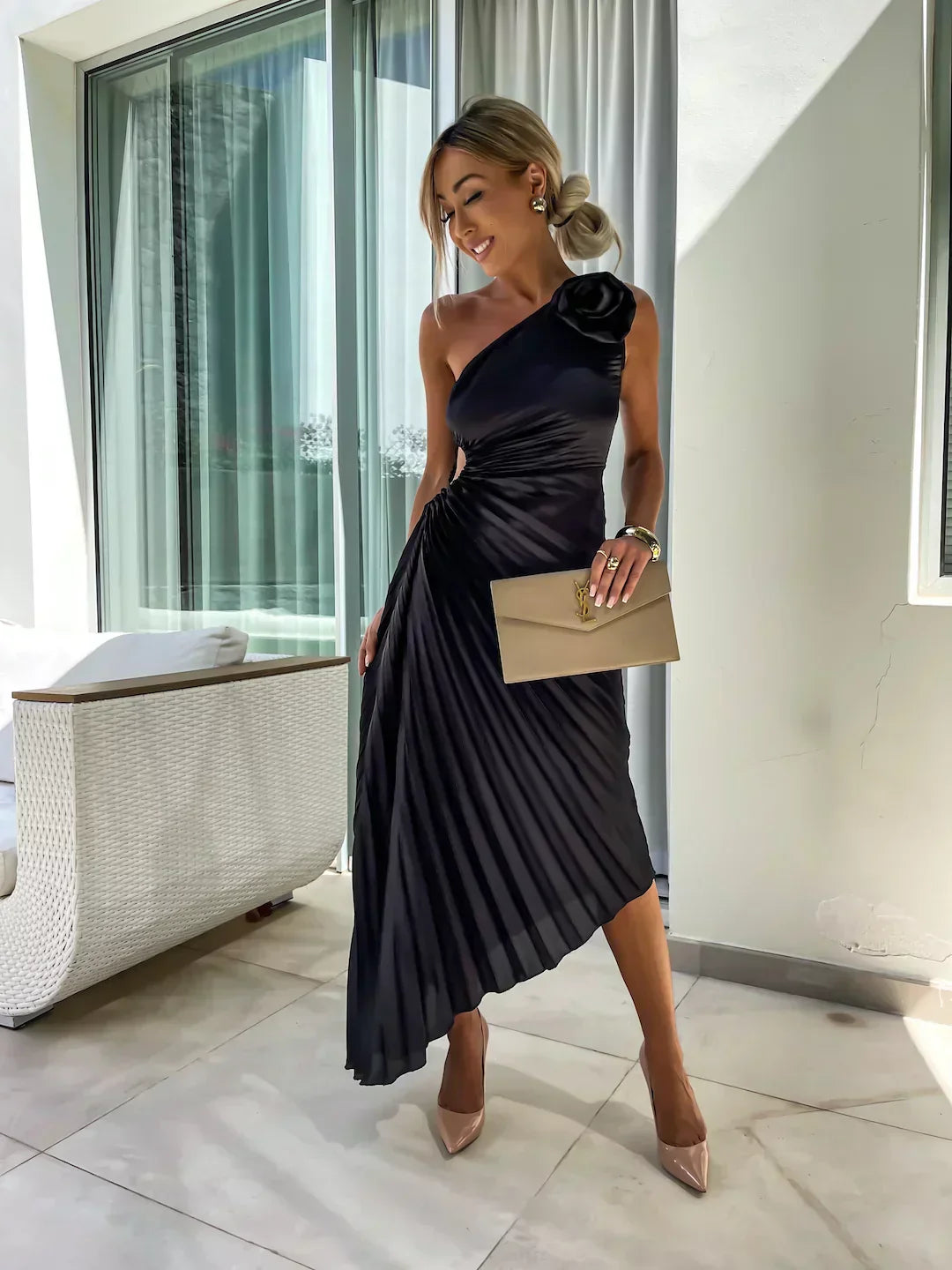 Mandy | Elegante Schouder Plissé Jurk