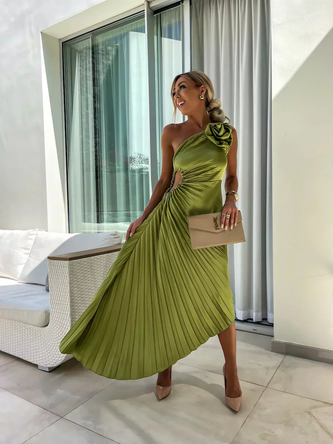Mandy | Elegante Schouder Plissé Jurk