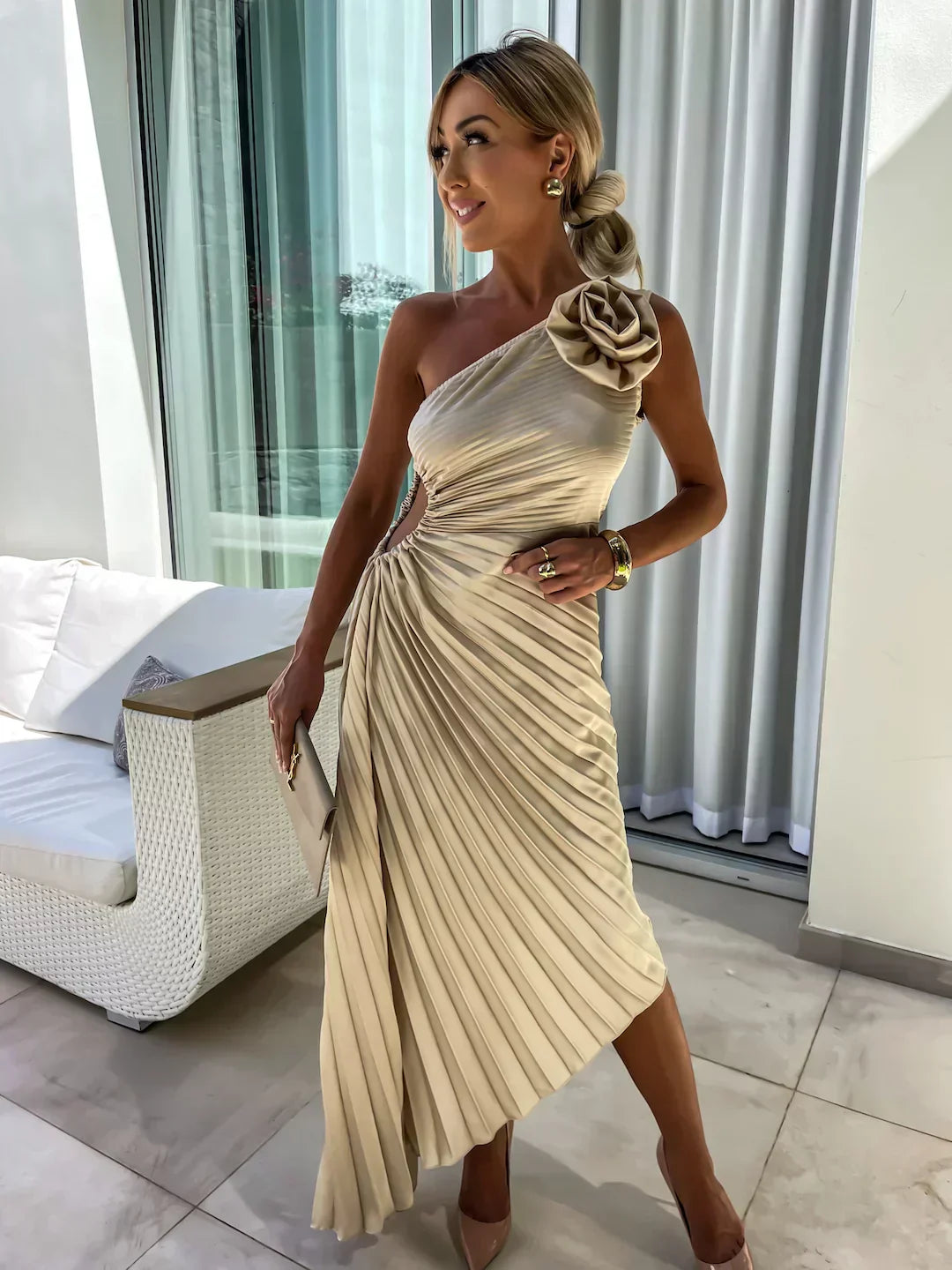 Mandy | Elegante Schouder Plissé Jurk