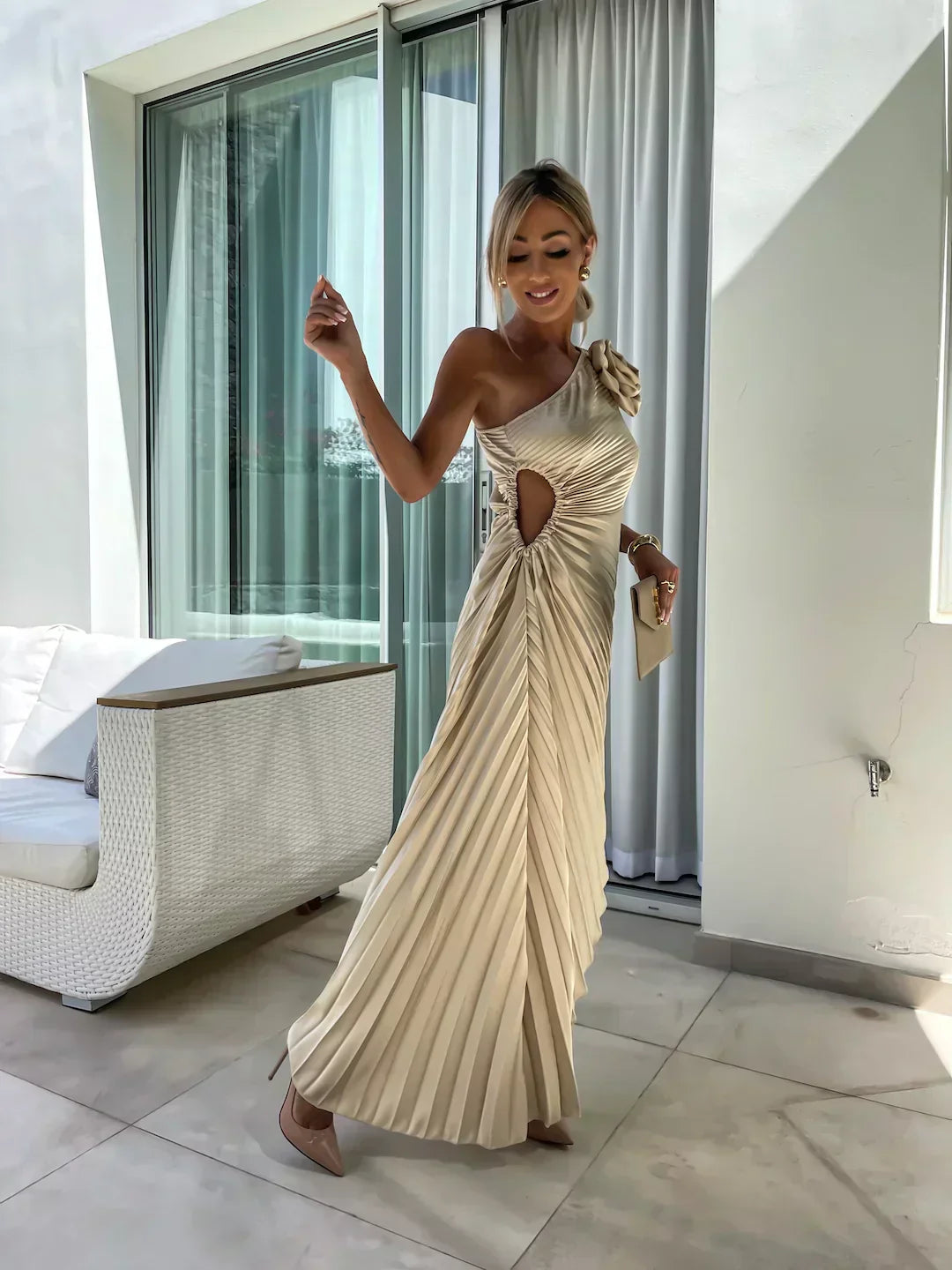 Mandy | Elegante Schouder Plissé Jurk