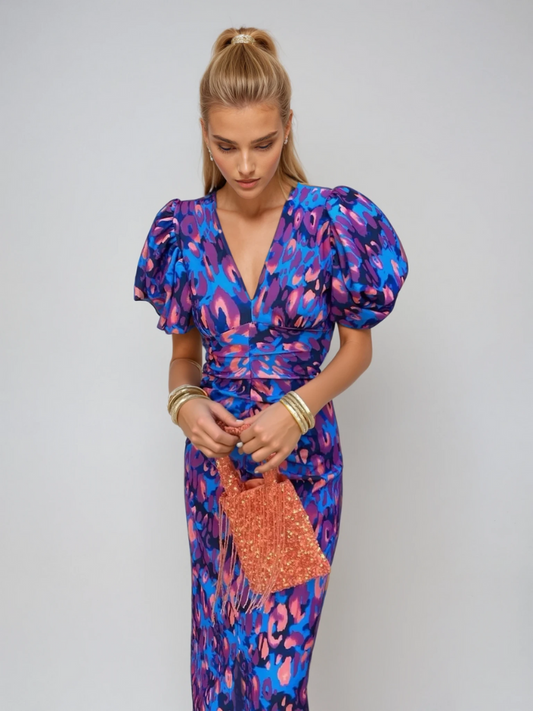Dianna | Elegante Damesjurk met Pofmouwen en Print